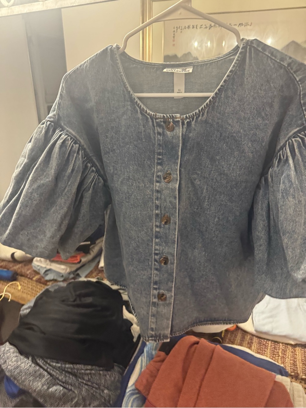 Washed Denim Puff-Sleeve Button Front Blouse - Blue